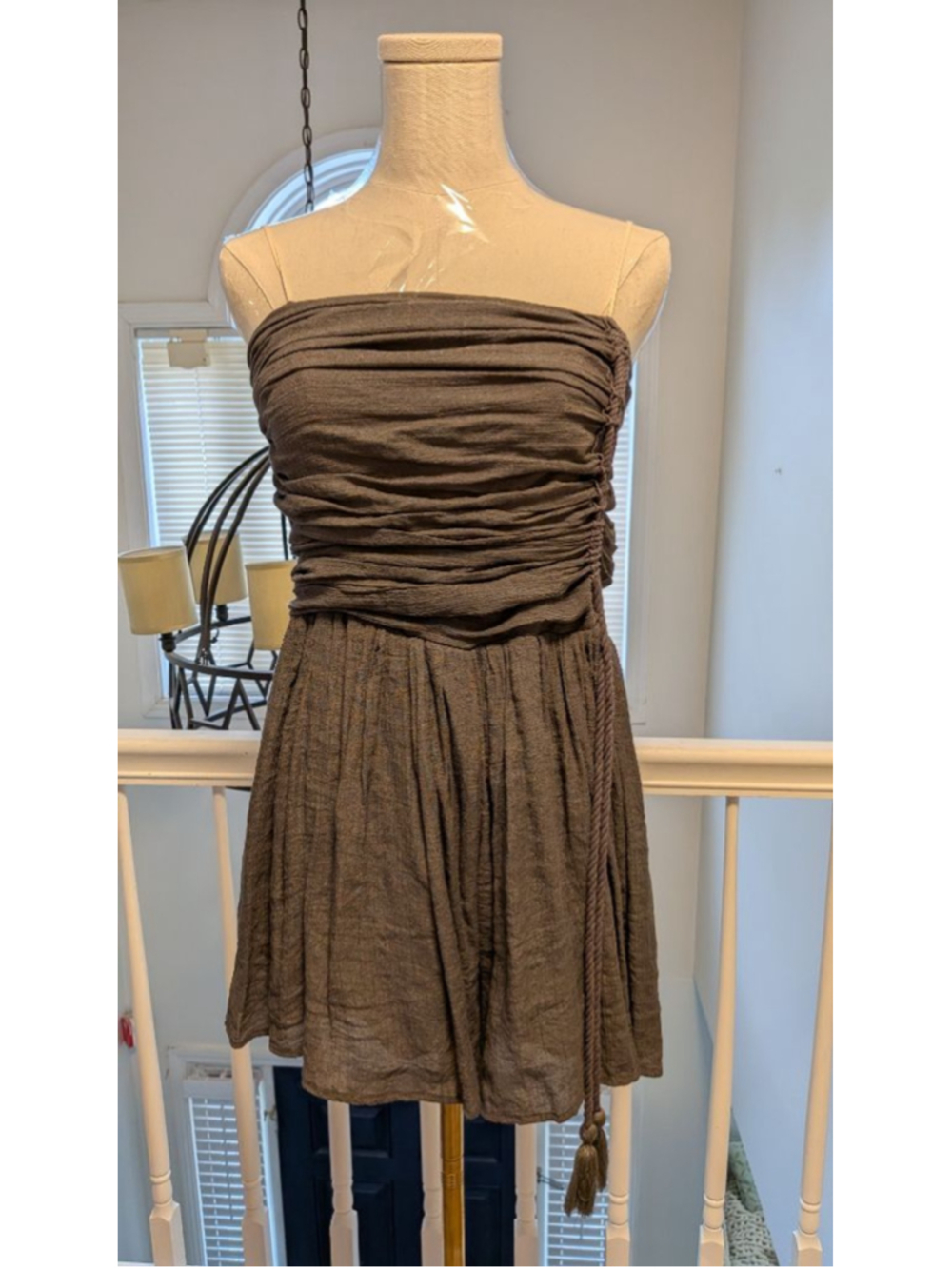 Mustard Seed Strapless Ruched Tassel Romper DressBrown Size M